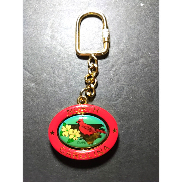 North Carolina Spinner Keychain Dogwood Cardinal Red Gold Tone - Picture 1 of 4